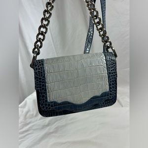 Genuine THALE BLANC two tone blue leather shoulder bag crossbody croc pattern